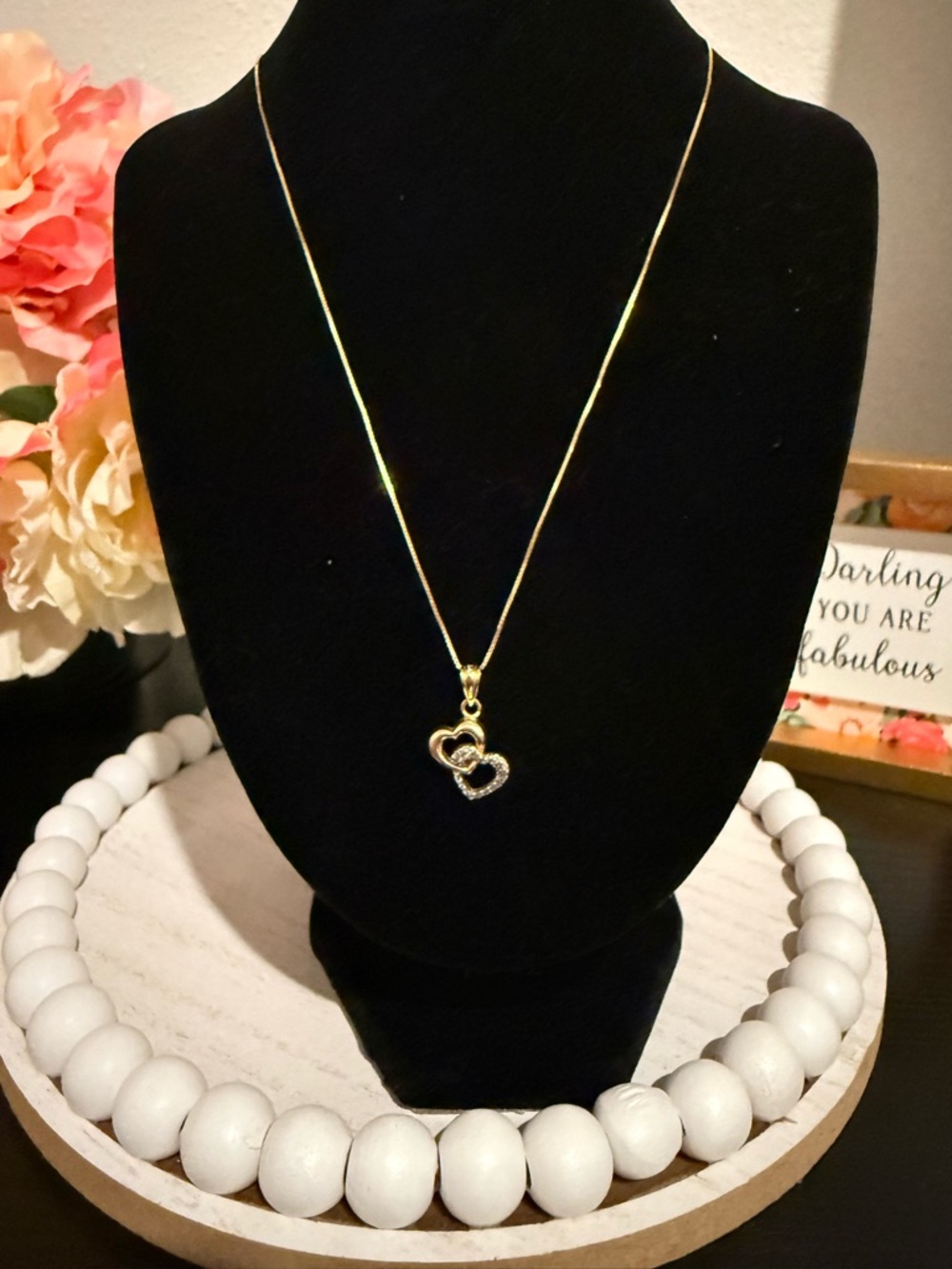 14K Gold Double Heart Pendant Necklace Diamond Cut Love